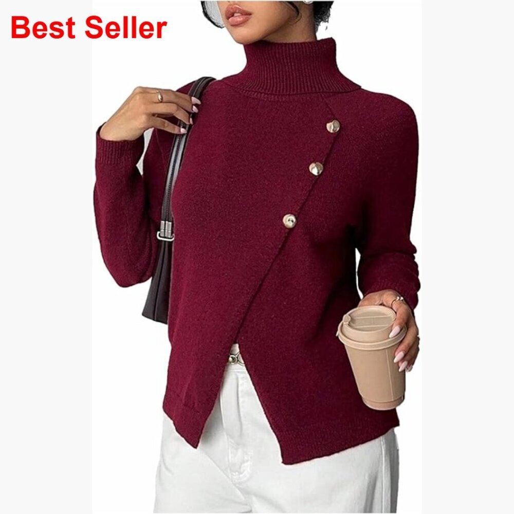 Polyester Button Wrap Turtleneck Pullover Sweater Knit Top